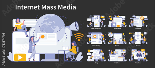 Internet Mass Media night or dark mode set. Diverse online communication platforms and digital content delivery. Global connectivity and information exchange. Vector illustration.