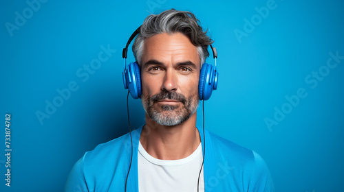  Musik hörender Mann mit Kopfhörern und positiver Ausstrahlung vor farbigem Hintergrund in 16:9 
