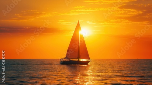 Yacht sailing against sunset. Holiday lifestyle landscape with skyline sailboat. Yachting tourism - maritime evening walk. Romantic trip on luxury yacht during the sea sunset © Ruslan Gilmanshin