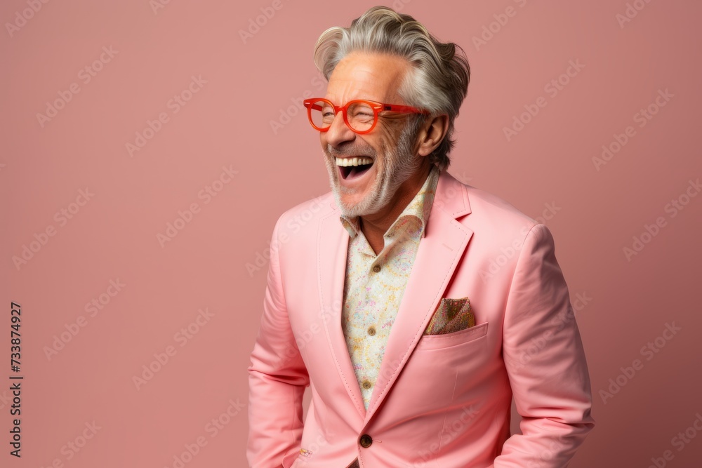 Cheerful senior man in pink suit and glasses. Studio shot.