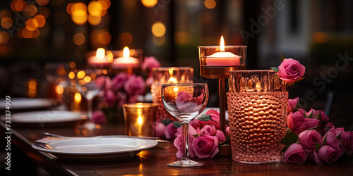 The table in a cozy restaurant  where candles in glass candlesticks and rose petals give a romanti