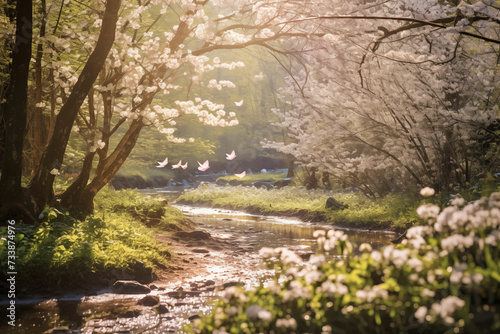 spring in the park, cherry blossom, tree, pink flowers, river