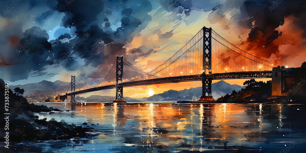 The watercolor picture of the bridge in the dark, with a harmonious combination of the lights of t