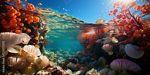 Underwater extravaganza: huge shells and soft coral branches surround an underwater landsca