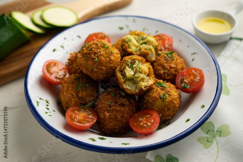 Spanish vegan chickpea croquettes with eggplant and zucchini.