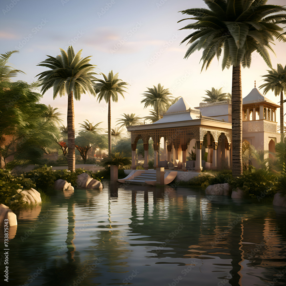 Sunset in Luxury hotel with palm trees. 3d render