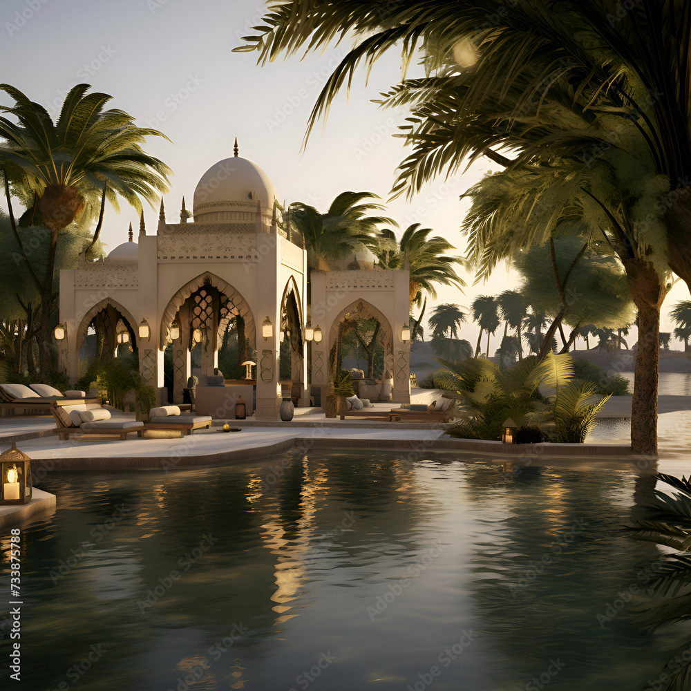 3D rendering of a mosque with palm trees and pool at sunset