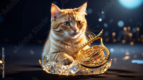 Gold cat with gold and crystal musical instrument
