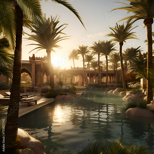 Sunset in Luxury hotel with palm trees. 3d render © Wazir Design