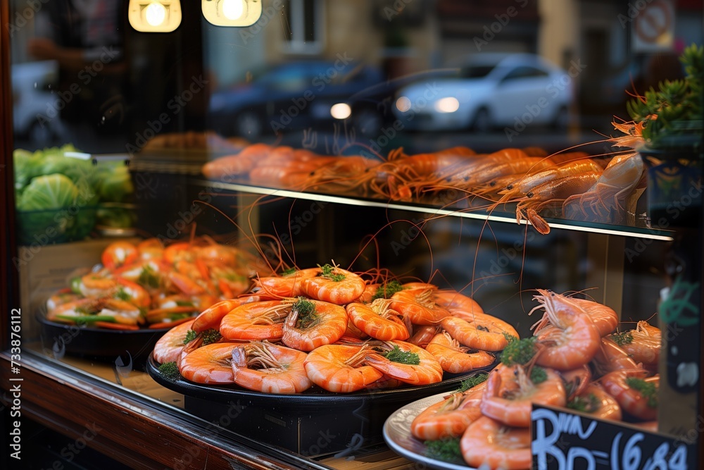 Platters of succulent shrimp gleam under the glass of a market display, inviting passersby to savor the catch of the day on a bustling street