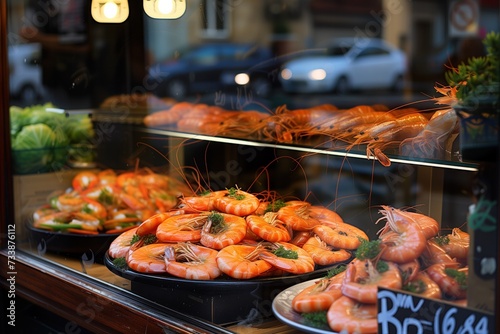 Platters of succulent shrimp gleam under the glass of a market display  inviting passersby to savor the catch of the day on a bustling street