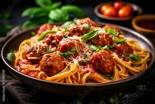 Close-up view of spaghetti with meatballs and tomato sauce. Generative AI