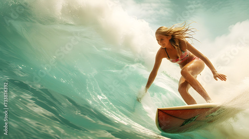 Surfer girl swims on surfboard on waves of sea in summer © Oksana