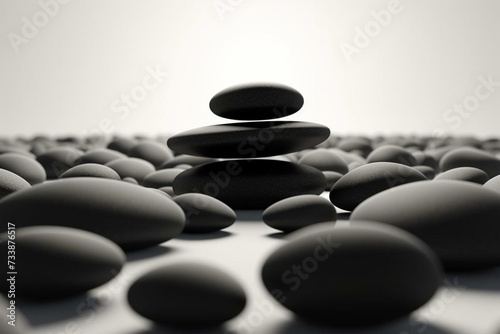 3D rendered image of stacked black pebbles on white background with space  illustrating 3D concept. Generative AI