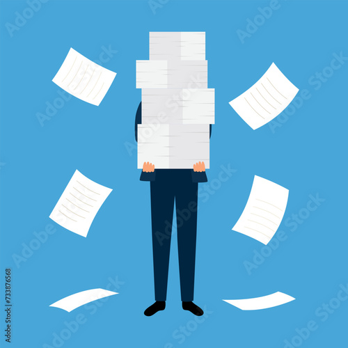 Office worker caring a big pile of documents in flat design. Overwork.