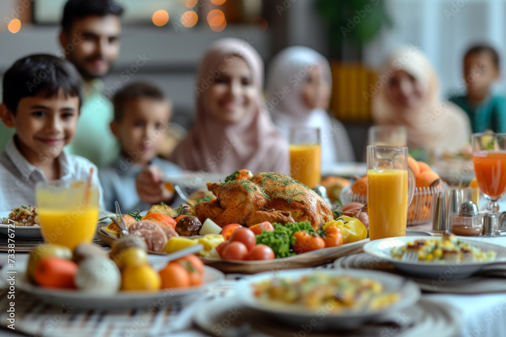 Big Muslim Family Enjoying Dinner Feast