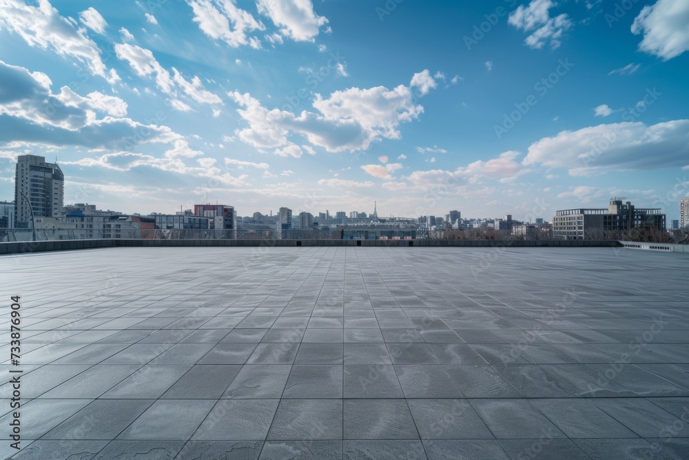 Grey asphalt and clouds sky background with chinese city.