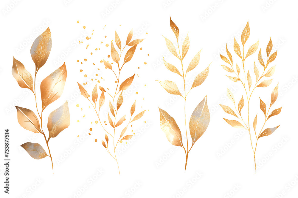 Watercolor design elements collection of golden glitter leaves, branches Watercolor design elements collection of golden glitter leaves, branches