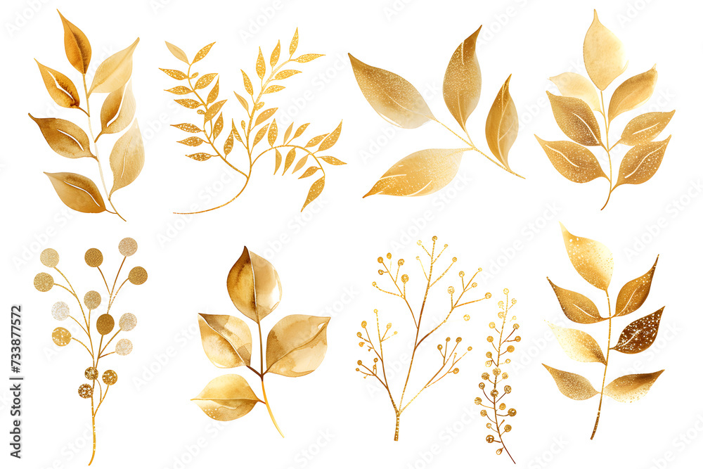 Watercolor design elements collection of golden glitter leaves, branches