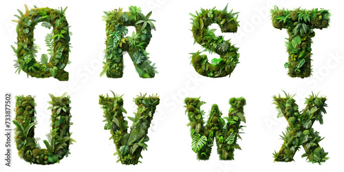 Letters Q  R  S  T  U  V  W  X are made of the vibrant green ecosystem of moss  ferns  and monstera plants.