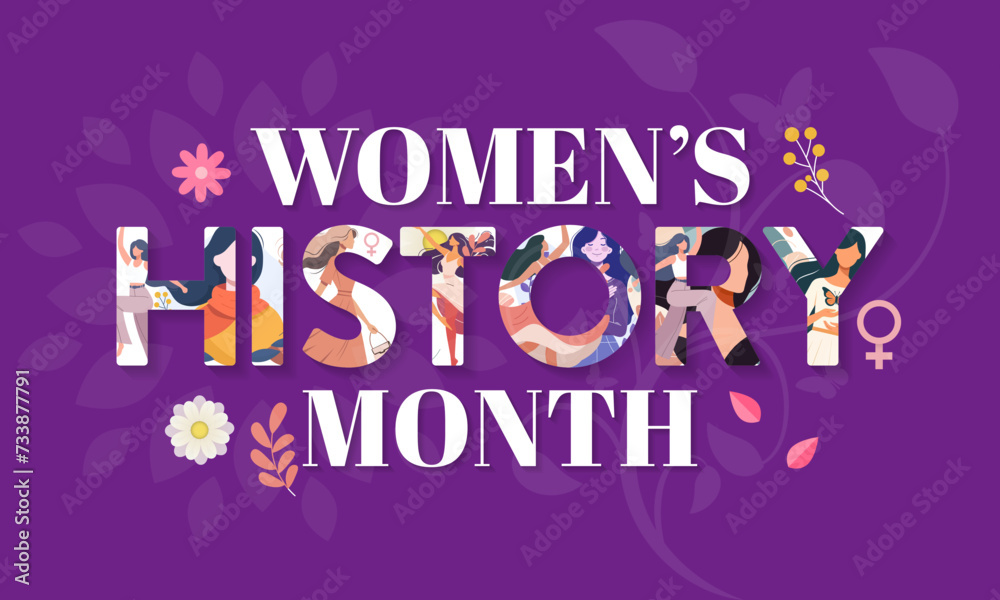 Women's History month is observed every year in March, is an annual declared month that highlights the contributions of women to events in history and contemporary society. Vector illustration design. - obrazy, fototapety, plakaty 