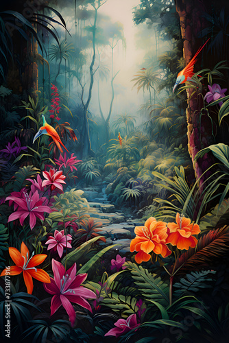 Tropical jungle with flowers and fish. Nature background.  illustration.