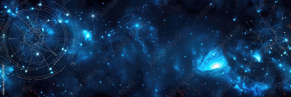 space texture with astrological and numerological projection circles, comets, constellations, stars, empty space for text, banner - obrazy, fototapety, plakaty 