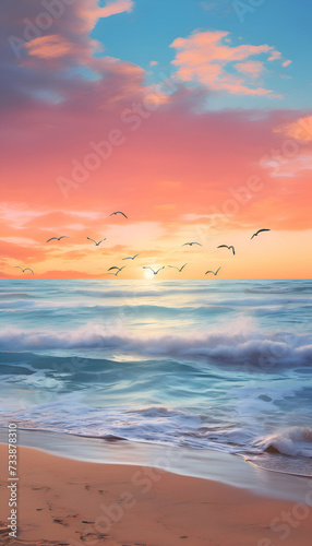 Beautiful seascape at sunset. Seascape with seagulls.