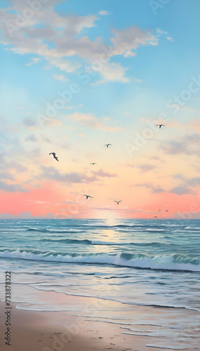 Seagulls on the beach at sunrise. © Wazir Design
