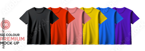Six colorful Blank T-shirt Mockup set collection Design Template for Advertisement.Men Isolated short Sleeve Front Cotton Shirt Textile Clothing Fashion Mockup.Model Body Retail Style Concept Apparel