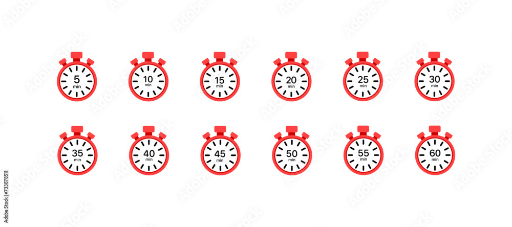 Stopwatch icons with time. Flat, red, stopwatch with numbers for ...