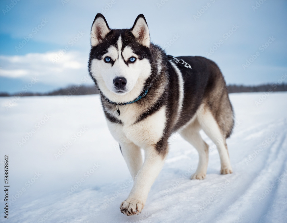 Siberien Husky Walking Outside On A Snowy Day