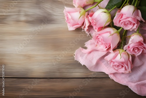 Banner with pink roses and napkin on the wooden background. © LUBKA