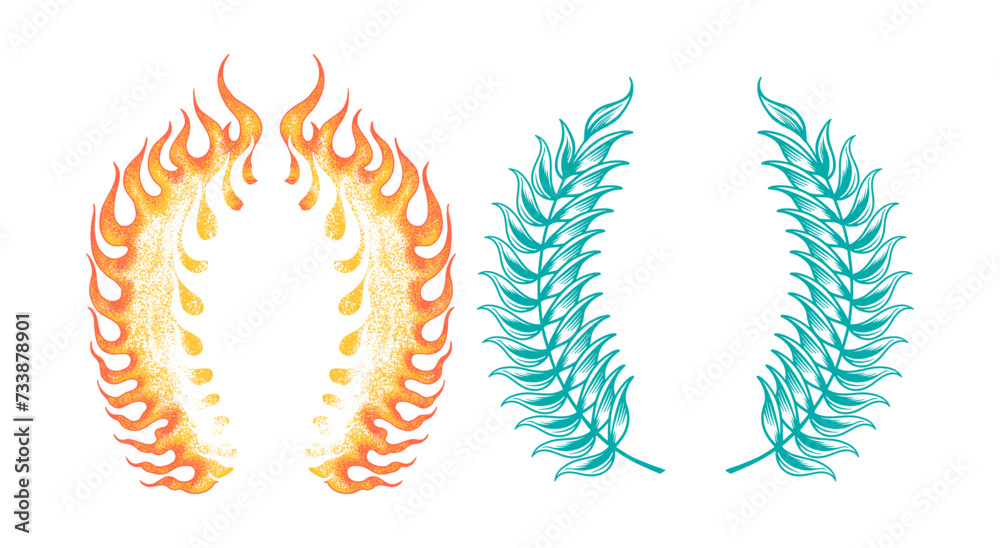 hand drawn wreath vector design. featuring leaves and flames hand drawn wreath vector design. featuring leaves and flames