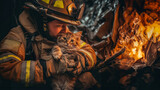 A scene where firefighters save a cat at a fire scene. An image of kind humans helping animals.