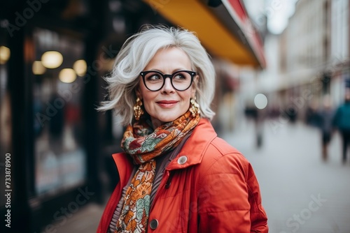 Beautiful senior woman with eyeglasses walking in the city.