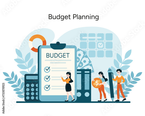 Budget Planning concept. Detailed financial foresight and strategic expense management. Fiscal preparation and economic planning visualized. Flat vector illustration