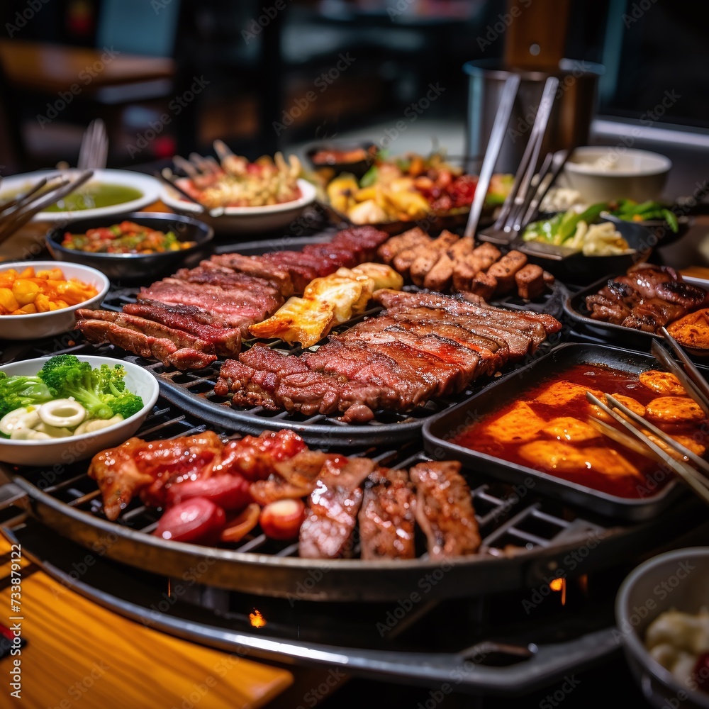 Assorted Korean barbecue meats cooking on a grill with side dishes in a restaurant setting. Assorted Korean barbecue meats cooking on a grill with side dishes in a restaurant setting.