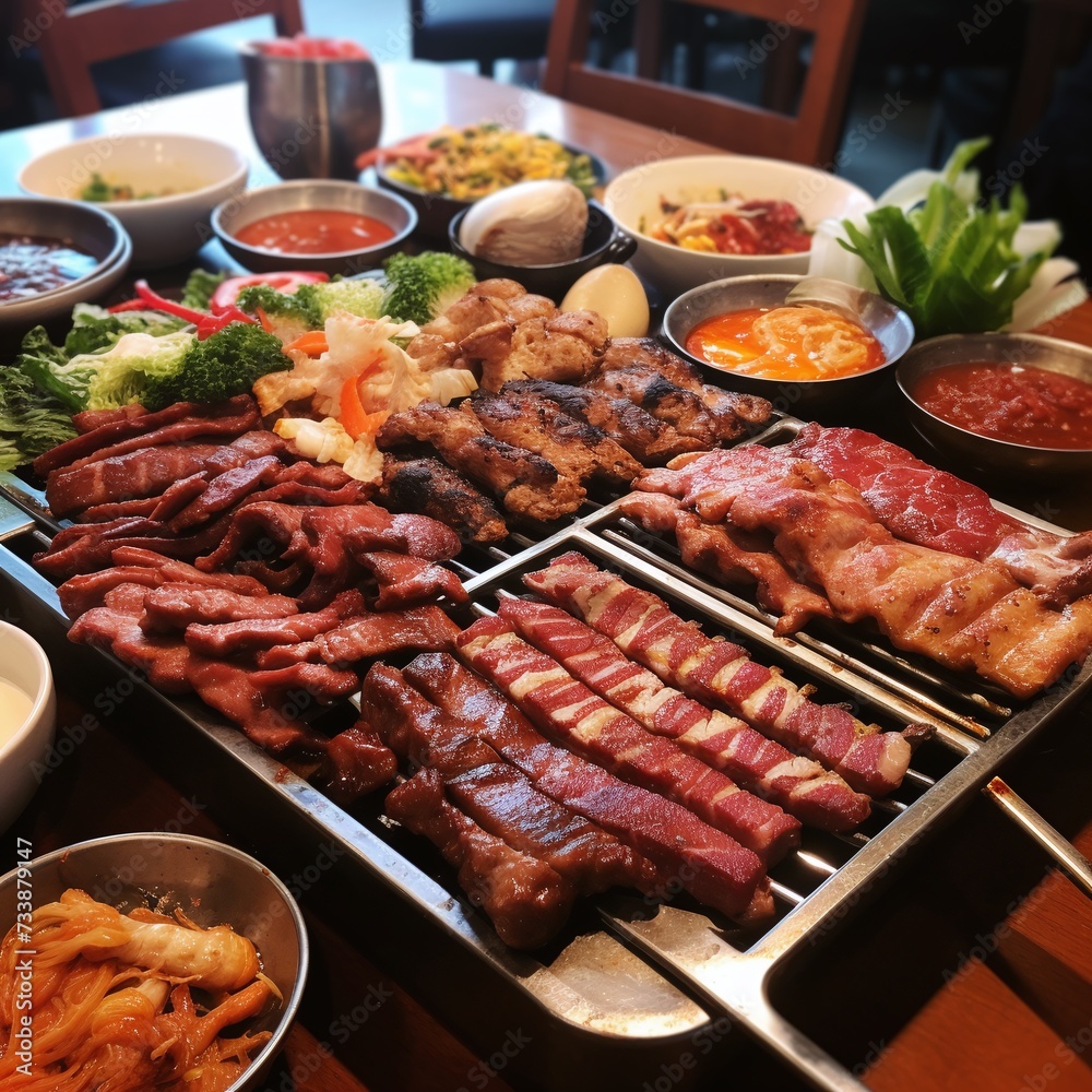 Assorted Korean barbecue meats on a grill with side dishes.