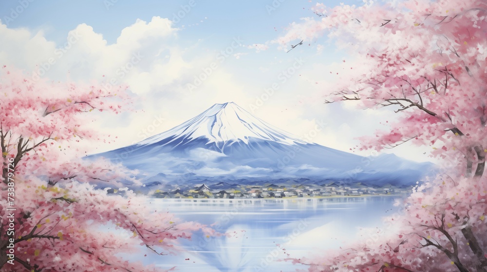 桜と富士山の水彩風のイラスト（Generative AI）