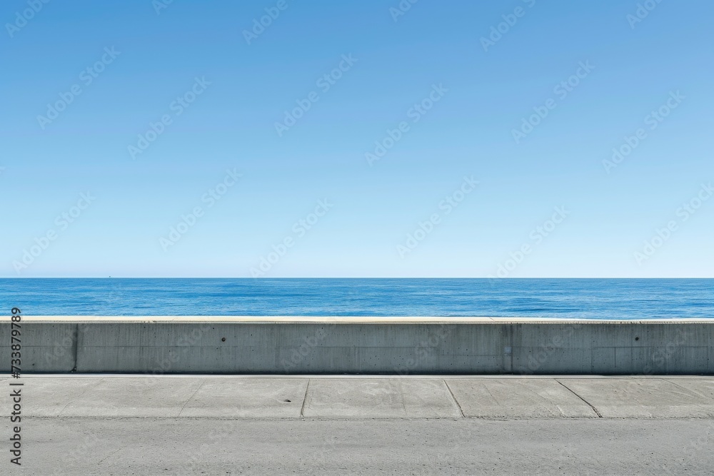 An asphalt city or pavement, calm seas and skies, commercial imagery.