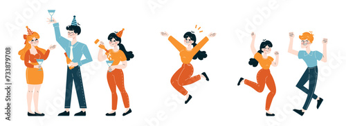 Workplace Celebration set. Joyful employees enjoying success with festive hats, drinks, and enthusiastic gestures. Showcasing team spirit and achievements. Flat vector illustration