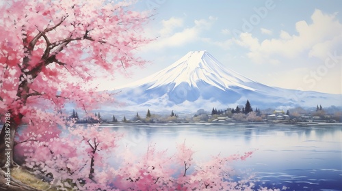 桜と富士山の水彩風のイラスト（Generative AI） photo