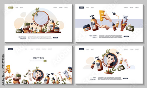 Set of web pages with set of beauty products, cosmetics, woman in the mirror. Beauty, skin care, body care, cleansing concept. Vector illustration for banner, poster, website.