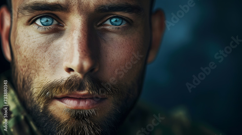 Dramatic close up facial portrait of soldier. Portrait of a man at war