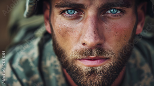 Dramatic close up facial portrait of soldier. Portrait of a man at war