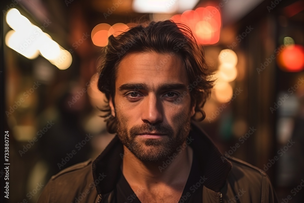 Portrait of a handsome young man in a street at night.