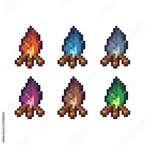Pixel art sets icon of firewood variation color.campfire icon on pixelated style. 8bits perfect for game asset or design asset element for your game design. Simple pixel art icon asset.