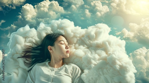 Young asian woman sleeping on a pillow made of soft clouds. Air dreams. Soft heavenly bed