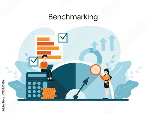 Benchmarking concept. Comparative analysis for business performance enhancement and strategic improvement planning. Flat vector illustration